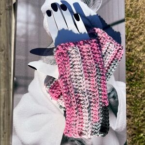 Hand Crafted Pink and Gray Knitted Fingerless Gloves